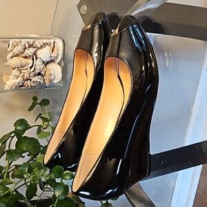 Movinsteps Womens Shoes Size 7.5 Black Patent Peep Toe Fashion Wedge Pumps